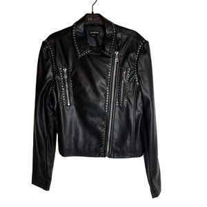 BEBE Black Womens Faux Leather Studded Motorcycle Jacket